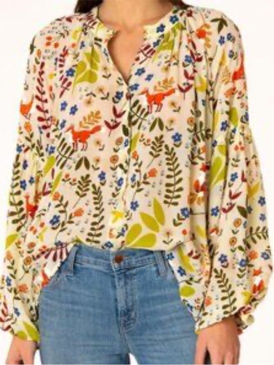 Olivia James Tops - Olivia James Emory Blouse Almond Foxes Peasant Mandarin Collar Top Small